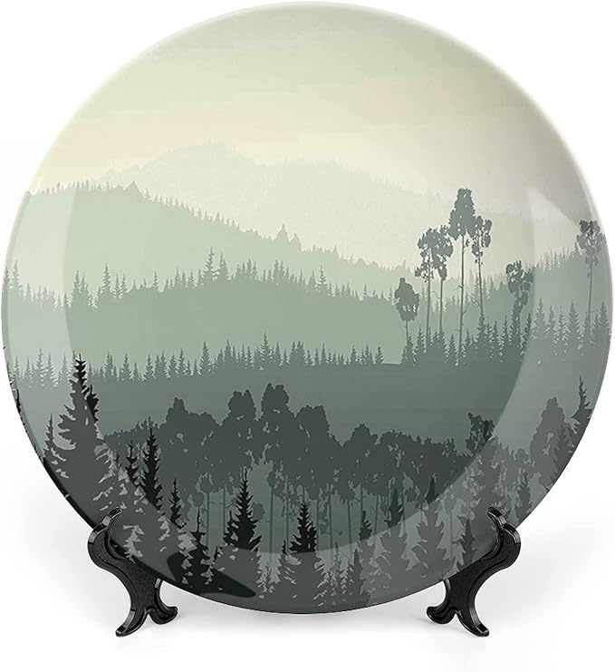 XISUNYA 10 Inch Decorative Plate, Landscape Tableware Plate, Panorama of Valley and Misty Forest of Pine Trees Print Ornament Display Plate Decor Accessory for Dining, Parties, Wedding