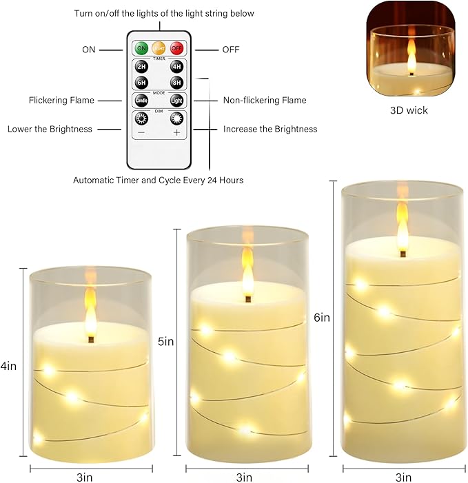 Flameless LED Candles with Timer 3 Pc Flickering Flameless Candles for Romantic Ambiance and Home Decoration Stable Acrylic Shell,with Embedded Star String，Battery Operated Candles（Ivory）