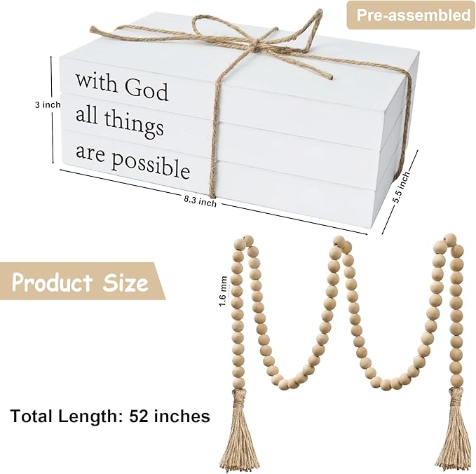 Decorative Books for Home Decor, White Faux Books for Decoration, Rustic Farmhouse Stacked Display Books (with God All Things are Possible)