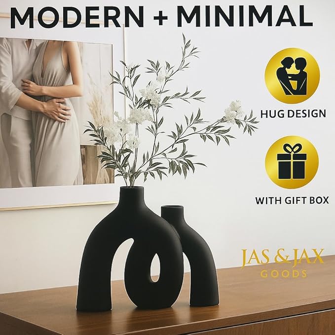 Matte Black Vase Set - Hug Donut vase, Black Ceramic Vases, Home Decor, Modern Minimalist Decorative Vase, Table Centerpiece, Bookshelf, Office Entryway,Console,Fireplace,bedrooms(Matte Black)