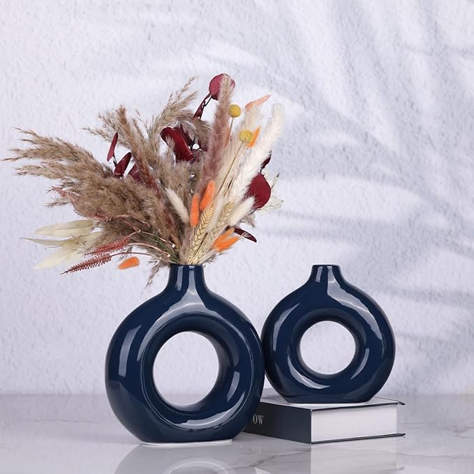 Bright Blue Ceramic Vase Set of 2 - Decorative Circular Blue Vases for Centerpieces, Farmhouse and Home Decor - Ideal for Living Room, Kitchen, Bedroom, Dining Table and Office Decor