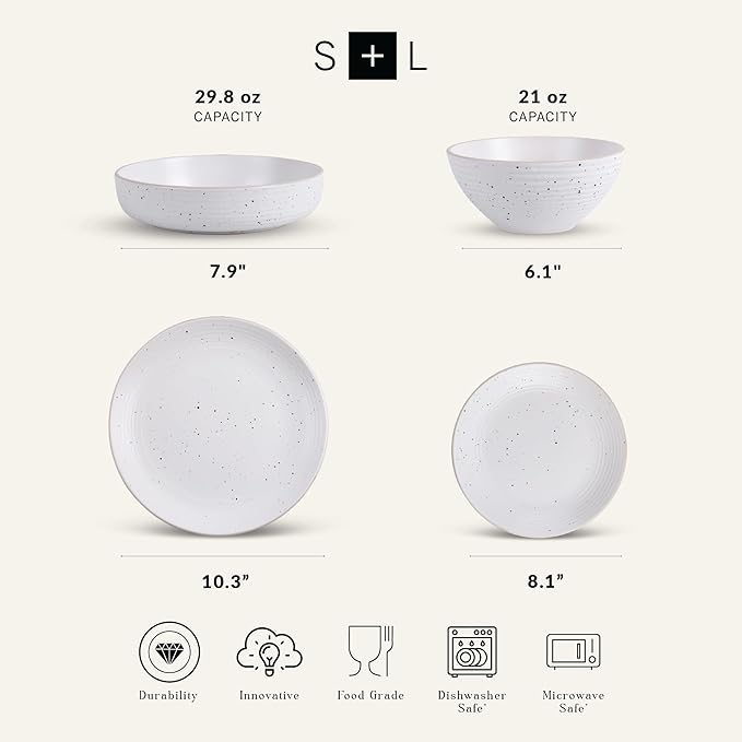 Stone Lain Lauren Stoneware, Rustic Plates and Bowls Set, Dinnerware, Service for 4, Speckled Off White, Dishwasher & Microwave Safe, 16-Piece