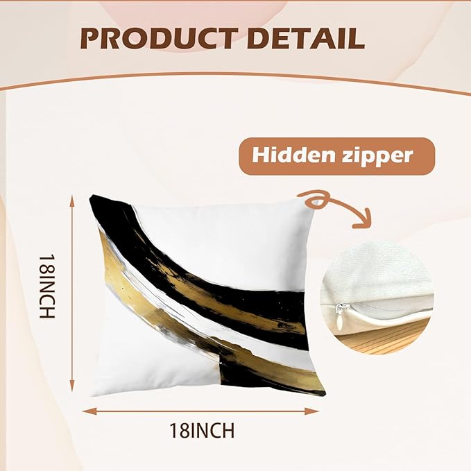 Black White Gold Pillow Covers, Abstract White Black and Gold Pillow Covers 18x18 Set of 2, Modern Black and White Pillow Covers for Couch Bed Living Room
