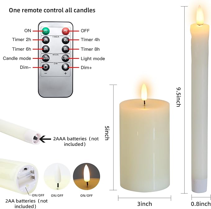Real Wax LED Flameless Candles with Remote Timer, 4 Pcs Ivory Battery Operated Window Candle with 3D Flickering Flame for Fireplace Xmas Halloween Wedding Decor (9.5" Taper & 5" Pillar)