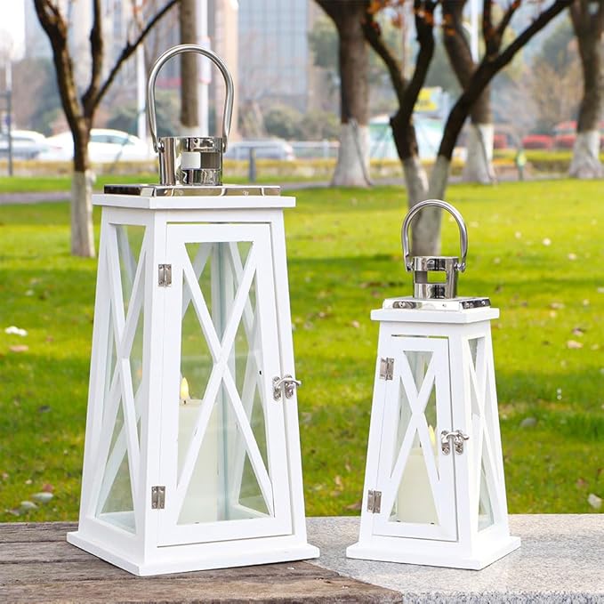 TRIROCKS Set of 2 Farmhouse Wooden Lantern 15.5''&22'' Metal Decorative Candle Holders with Tempered Glass Rustic Outdoor Lantern for Thanksgiving Christmas Patio Wedding Parties Indoor Outdoor(White)