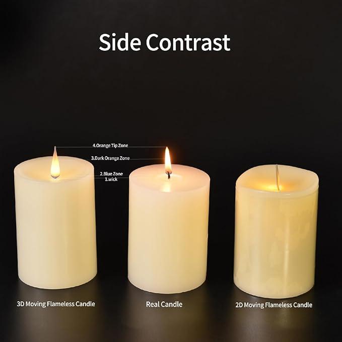 Flameless Pillar Candles Flickering with Remote Timer, Battery Operated LED Candles Up to 400 Hours, 3D Moving Flame Real Wax Candles, Set of 3, D3 x H4, 5", 6",Remote Included (White).
