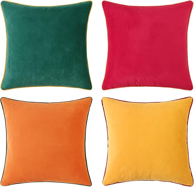 Mecatny Set of 4 Velvet Christmas Throw Pillow Covers 18x18, Soft Colorful Accent Decorative Couch Pillow Covers for Sofa Bedroom Living Room, Green/Red