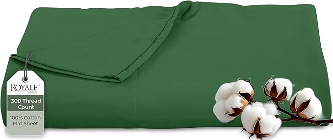 Royale Linens 300 Thread Count 100% Long Staple Combed Cotton Flat Sheet - Super Soft - Top Sheets -Full Flat Sheet Sold Separately - Breathable, Cool & Crisp Percale Sheets Only (Full, Hunter Green)
