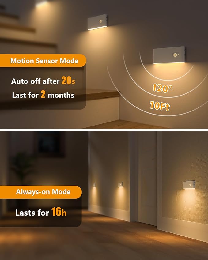WILLED Motion Sensor Night Light, Rechargeable Stair Lights Indoor, Warm White Motion Sensor Light Indoor, Battery Operated Night Light for Hallway, Stairway, Bathroom, Bedroom, Kitchen, 6 Pack