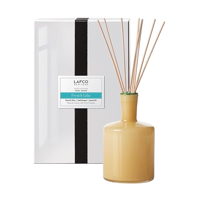 LAFCO New York Signature Reed Diffuser, French Lilac - 15 oz - Up to 9 Months Fragrance Life - Reusable, Hand Blown Glass Vessel - Natural Wood Reeds - Made in The USA