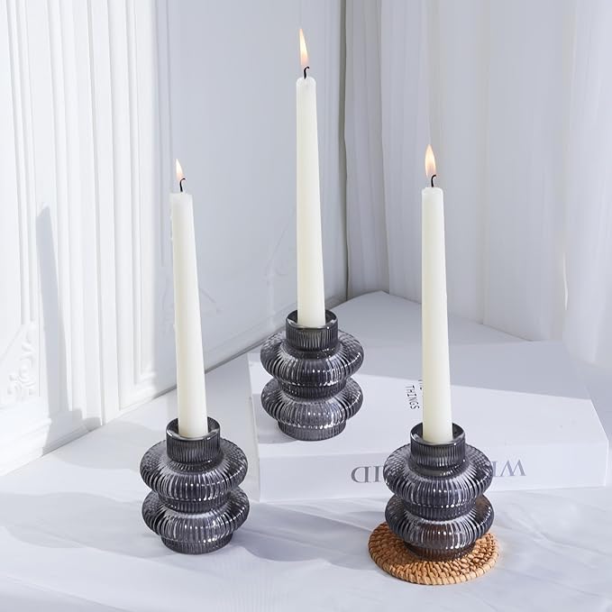 VOHO Smoky Grey Taper Candle Holders Set of 6, Classic Ribbed Candle Sticks Holder Decor for Table Centerpiece at Daily/Birthday/Party, Double Sided Candle Holder for Candlesticks & Tea Lights Candles