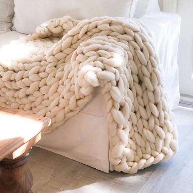 Chunky Knit Blanket Hand Made Merino Wool Throw Boho Bedroom Sofa Home Decor Giant Yarn(Ivory White 60"x60")