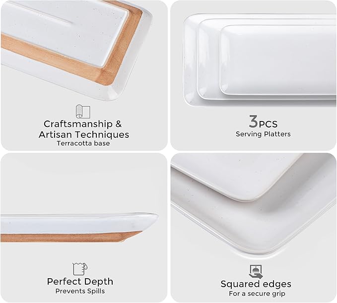 AmorArc Ceramic Serving Platter,Rectangular 16"/14.3"/12.6" inch Serving Dishes for Party Entertaining,Stoneware Serving Trays for Turkey,Salad,Microwave&Dishwasher Safe-Set of 3-White