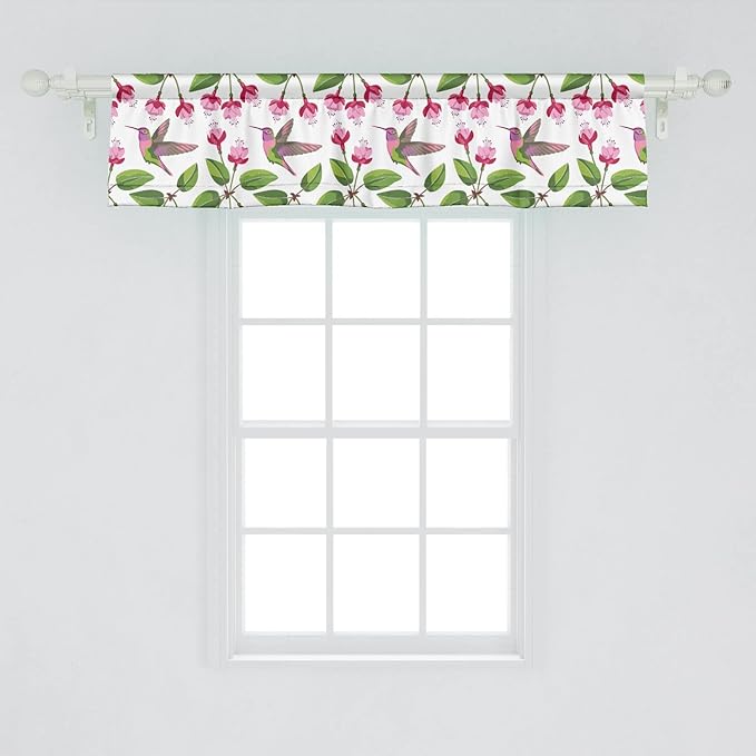 Lunarable Hummingbird Window Valance Pack of 2, Retro Arrangement Exotic Animal Pattern Needlework Inspired Illustration, Rod Pocket Curtain Valances for Kitchen Bedroom, 54" X 12", Pink Green
