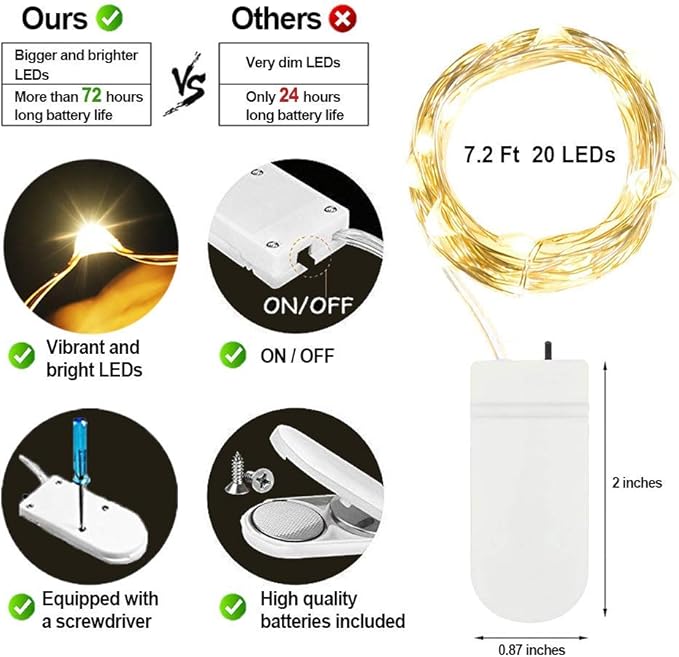 MUMUXI 12 Pack 7.2ft Fairy Lights Battery Operated String Lights, 20 Mini Battery Powered LEDs for Centerpiece Table Decorations, Wedding Party Mason Jar Christmas, Silver Wire Warm White