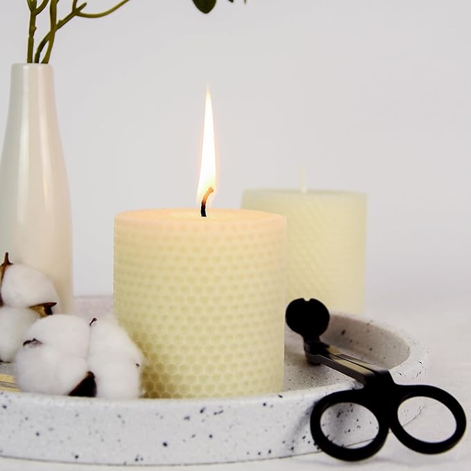 Beeswax Pillar Candles, 3x3 Inch White Hand-Rolled Honeycomb Pillar Candle Set of 2 - Dripless and Smokeless, Approx 9 Hours Hurn for Home Decor, Party, Wedding, Dinner
