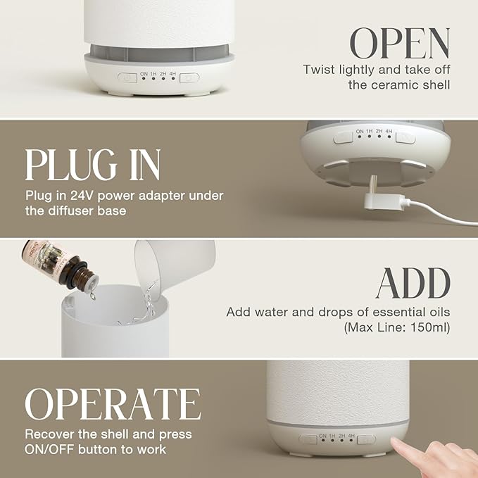 SALKING 200ml Ceramic Essential Oil Diffuser, Stone Diffusers for Essential Oils, Ultrasonic Aromatherapy Diffusers with with 7-Color LED Lights Timers, for Office Bedroom Home (White)