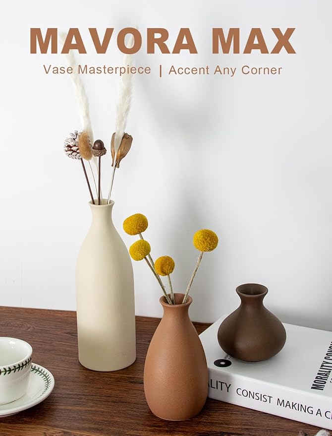 Ceramic Vase Set of 3 Modern Neutral, Flower Vases for Centerpieces, Vases Home Decor Rustic Farmhouse Decor for Table, Shelves, Enterway, Living Room, Bedroom, Office, Kitchen (Brown Grey White)