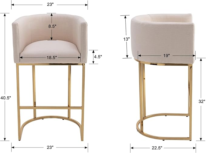 Modern Counter Height Linen Upholstered Bar Stools Set of 2, 32" Kitchen Counter Island Stools Bar Chairs with Gold Metal Frame for Kitchen Island, Cream