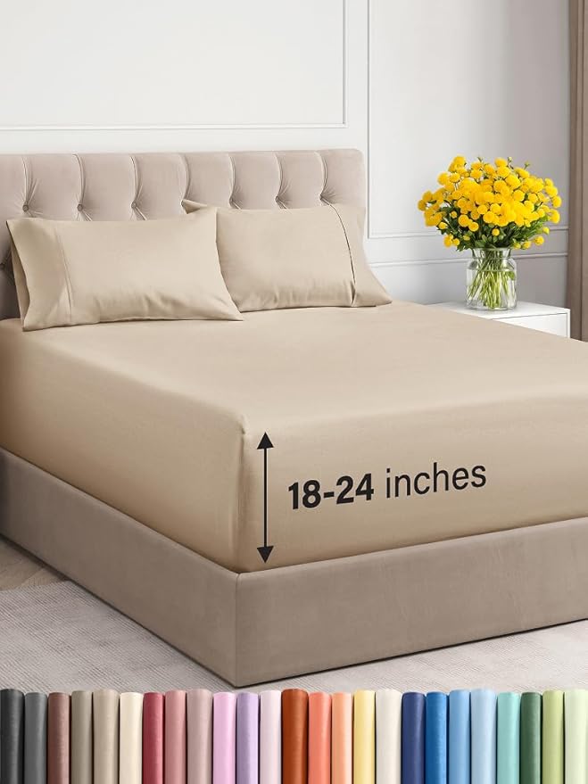 Extra Deep Twin Sheet Set - 4 Piece Breathable and Cooling Sheets - Hotel Luxury Bed Sheets Set - Easy & Secure Fit - Soft, Wrinkle Free and Comfy Sheets Set - Cream Sheet Set with Extra Deep Pockets