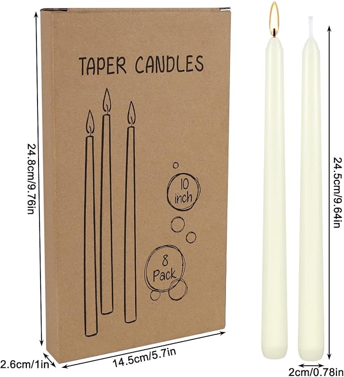 8 Pack Ivory Taper Candles 10 Inch Tall 3/4 Inch Thick Burn 8 Hours