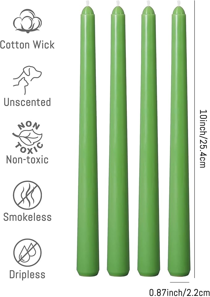 Viyffo Taper Candles 10 Inch – 4 Pack Grass Green, Dripless, Unscented, Smokeless – 8 Hour Burn – Tall Candlesticks for Wedding, Dinner, Holiday, Party, Home Decor