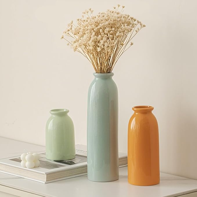 10.4 inches Tall Decorative Ceramic Vase Set, 3 Pieces, Nordic Modern Boho Style, White, for Home Decor (Colorful)