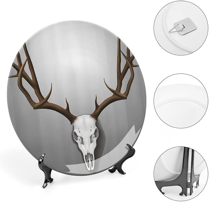 XISUNYA 10 Inch Decorative Plate,Antler Decor Ceramic Craft, Deer Skull with Large Horns Elk Skeleton Print Ornament Display Plate Decor Accessory for Dining, Parties, Wedding