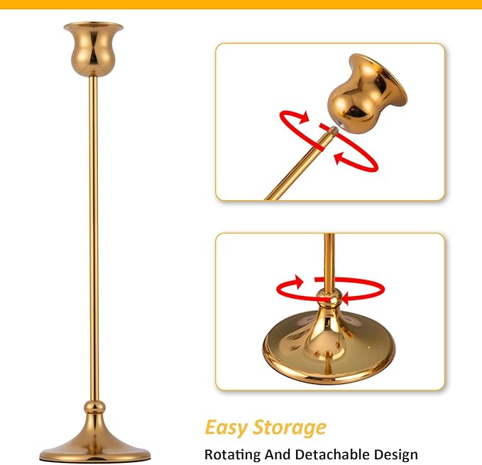 Taper Candle Holder Tall Vintage Metal Candlestick Holders Candle Stick Candelabra for Halloween Thanksgiving Christmas Holiday Wedding (Gold, 2 Sets (6 pcs))