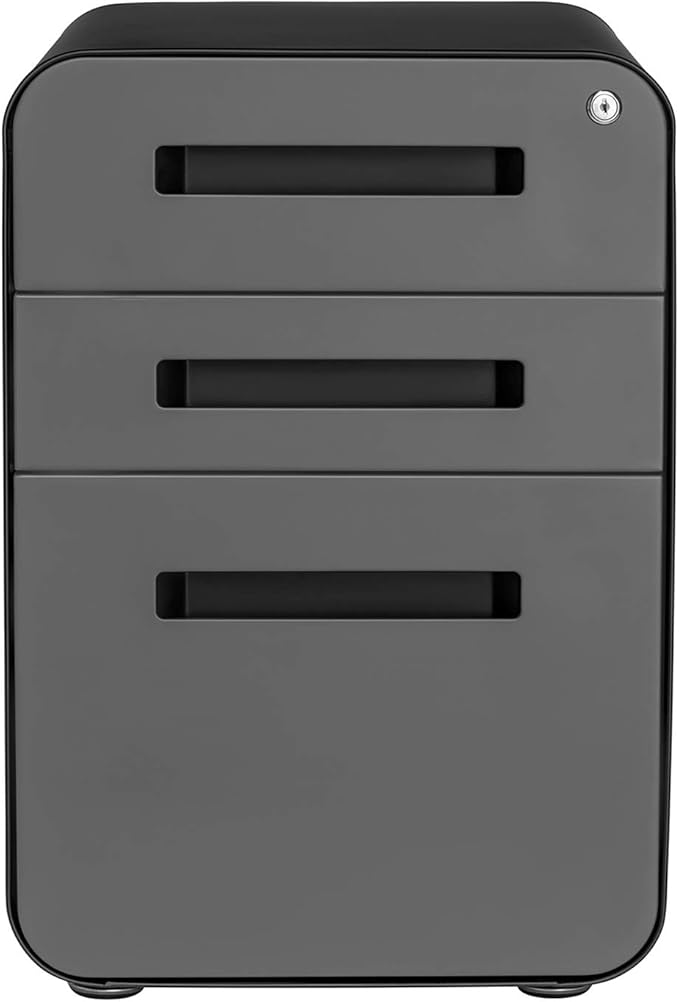 Laura Davidson Furniture Stockpile 3 Drawer File Cabinet with Lock - Under Office Desk Metal Filing Cabinet, Legal/Letter File Folders, Wheels and Stationary Feet, Pre-Assembled, Black/Grey