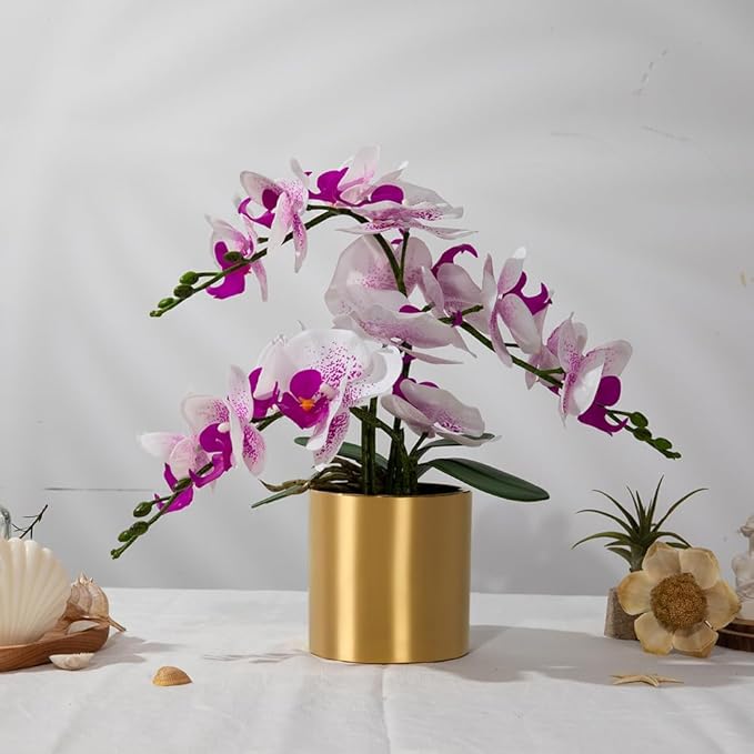 LESING Artificial Orchid Flower with Vase Realistic Orchids Faux Flower Fake Orchid Bonsai Plants in Pot Arrangement for Home Wedding Party Dining Table Centerpiece Decor (White Purple,Gold Vase)