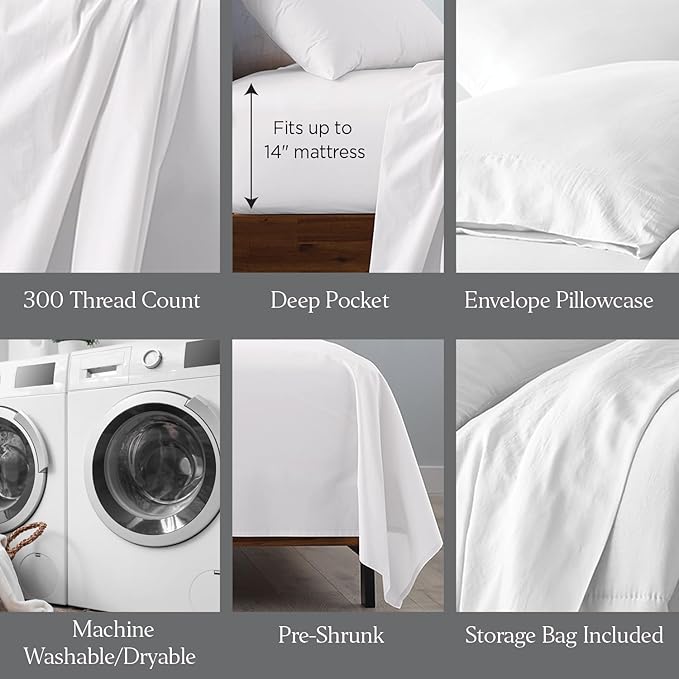 Ella Jayne Percale Sheets Twin (3 Pieces) Permium 100% Cotton Percale TC300, Hotel Luxury Collection, Deep Pockets and Cooling Twin Sheets Set Breathable Cotton Percale (White)
