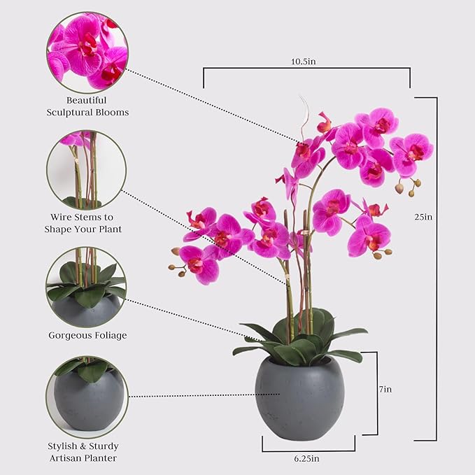 CG Hunter Faux Pink Orchid Plant, Premium Artificial Indoor Flower Display Stands 25-Inches with Beautiful Sculptural Blooms and Foliage That Lasts Forever, Grey Planter Pot Included