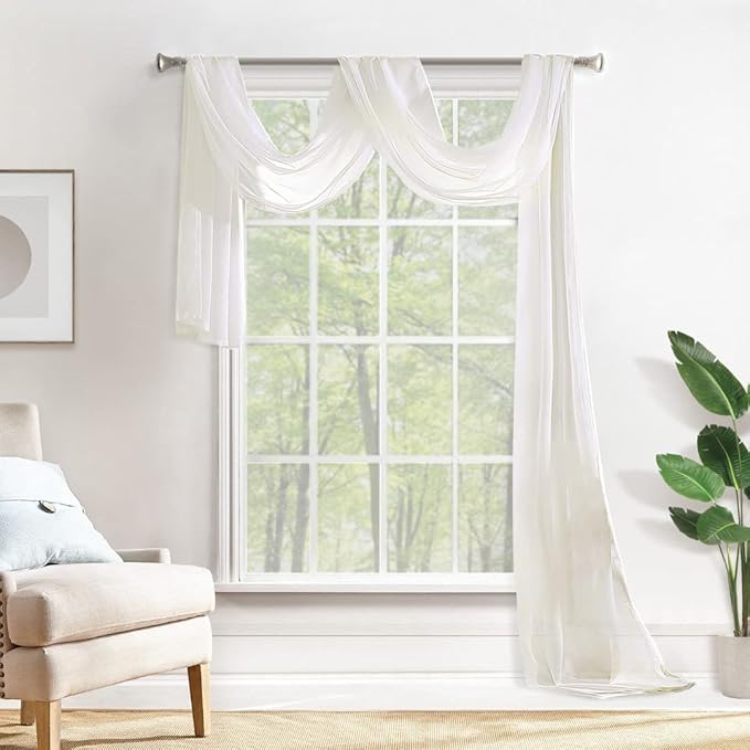 MIULEE Sheer Window Scarf Valance Elegant Topper Long Window Treatment Swag Curtain Drapes for Party Ceremony Canopy Bed, Wedding Arch Draping Fabric One Panel, 37'' x 216'', Ivory