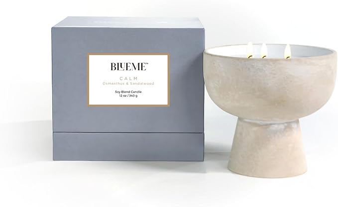 BLUEME Calm - Osmanthus & Sandalwood, Luxury Candle w/Essential Oils, 3 Wick, Hand-Poured Soy, Cotton Wick, Ceramic
