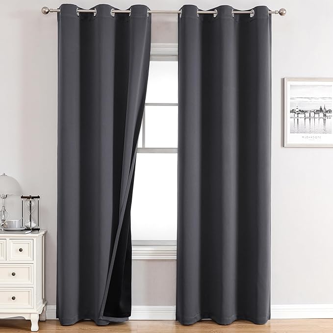 ChrisDowa 100% Blackout Curtains for Bedroom with Black Liner, 2 Thick Layers Total Blackout Thermal Insulated Grommet Window Curtains 84 Inch Long 2 Panels Set (Dark Grey, 42 x 84 Inch)