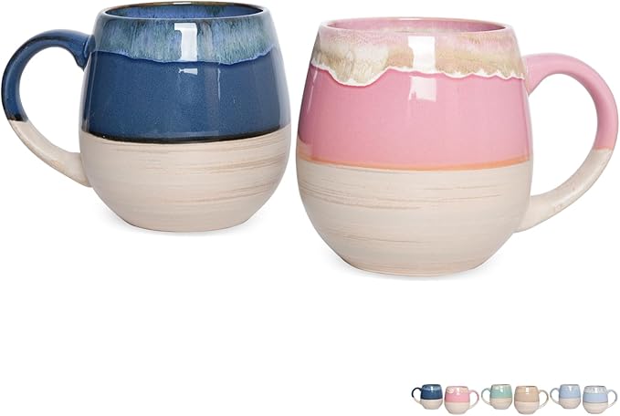 Bosmarlin Large Ceramic Coffee Mugs Set of 2, 21 Oz, Dishwasher and Microwave Safe, Big Oversized Cup with Handle for Wome/Men, Reactive Glaze (Deep Blue&Pink)