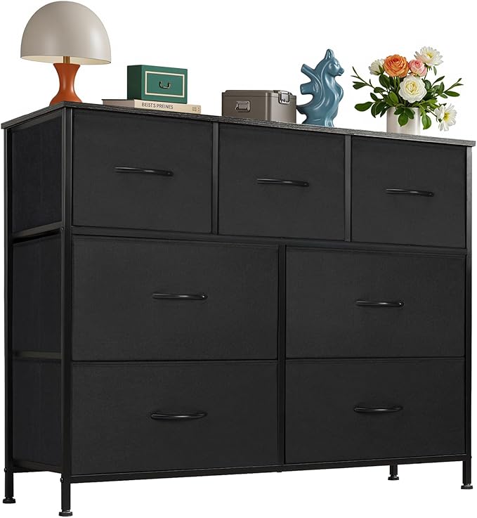 OLIXIS 7 Drawers Dresser for Bedroom, Fabric Storage Tower for Living Room, Entryway - Sturdy Steel Frame, Wooden Top & Easy Pull Fabric Bins, Closet Chests Organizer for Clothes, Black