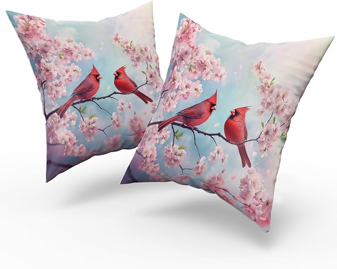 Giwawa Spring Birds Pillow Covers Set of 2, Cherry Blossom Floral Cushion Covers 20x20in, Watercolor Flowers Soft Cotton Throw Pillow Cases for Sofa Couch Patio Bedding Seasonal Decoration
