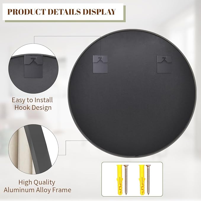 BEAUTYPEAK 30 Inch Round Mirror, Metal Frame Circle Mirror, Wall Mounted for Entryway, Bathroom, Vanity, Living Room, Black