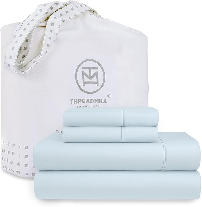 Threadmill Full Size Sheet Set | 100% Cotton Sheets | Solid Sateen Full Bed Sheets Set with 16' Elasticized Deep Pocket | Soft Breathable 4-Piece Cooling Sheet Set | Light Blue