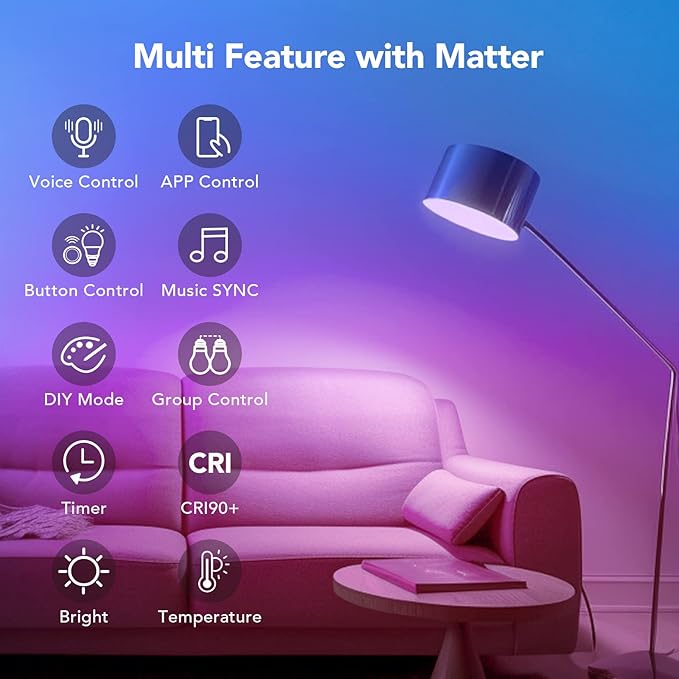 OREiN Matter Smart Light Bulb, Smart Light Bulbs Work with Apple Home, Alexa, Google Home, SmartThings, A19 Color Changing Light Bulbs 2.4Ghz WiFi, 800 Lumens Equivalent 60W 2Pack