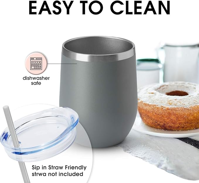 HASLE OUTFITTERS 12oz Wine Tumbler with Lid Stemless Wine Glasses Double Wall Vacuum Travel Mugs stainless steel Coffee Cup for Cold & Hot Drinks Wine Coffee Cocktails Beer (12oz-Grey, 1 Pack)