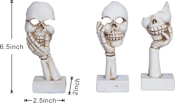 3 Pieces Face Halloween Skeleton Statue Mask Halloween Skull Figurine Home Decor 6.5”Funny Skeleton Collectible Figurines Gothic Desk Ornaments for Indoor Living room Office Table Shelf Bookshelf