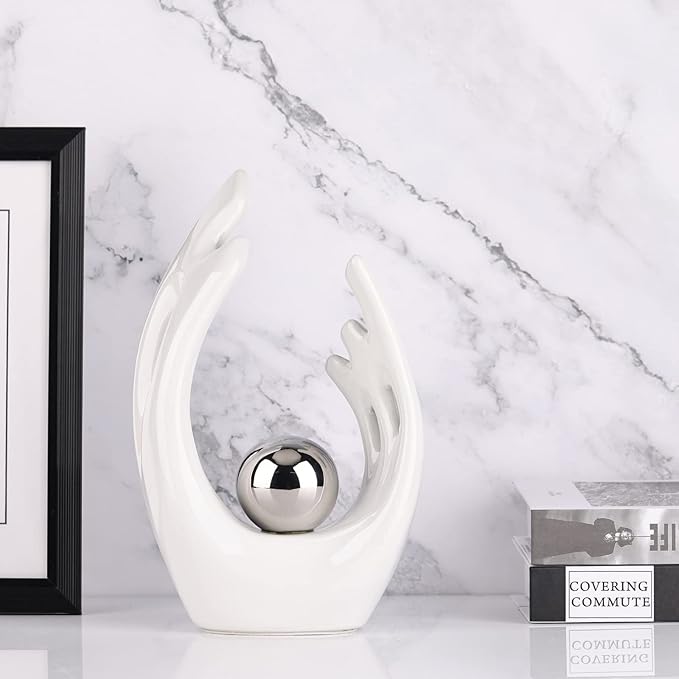 9.5" H White Silver Aesthetic Room Decor Accent, TV Stand Funky Table Centerpiece, Abstract Art Ceramic Statue and Sculpture, Silver Decor for Living Room, Bookshelf Decorative Objects, Shelf Decor