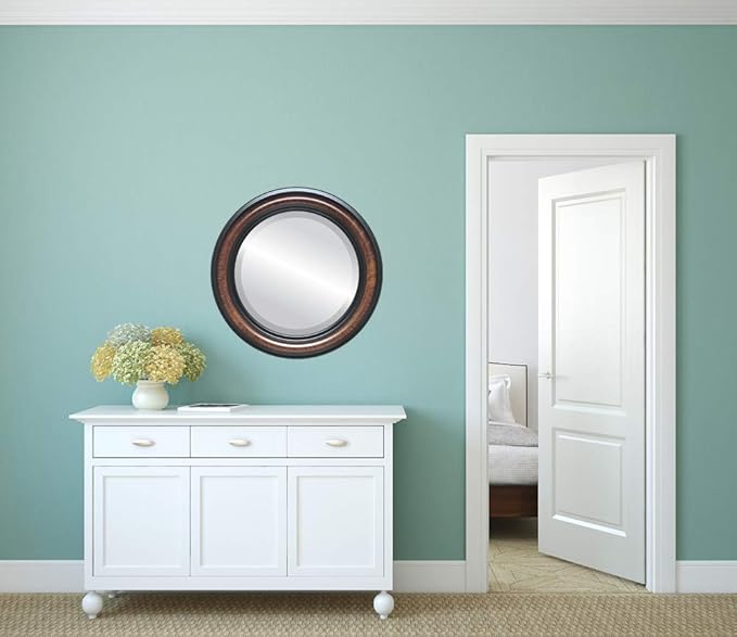 OVALCREST Round Beveled Wall Mirror for Home Decor - Philadelphia Style - Vintage Walnut - 28x28 Outside Dimensions