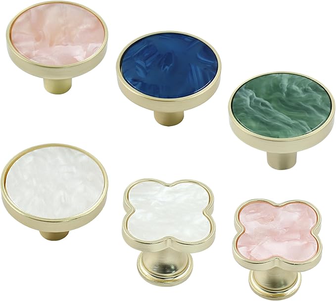 6 Pcs Gold Knobs for Dresser Drawers, Round Dresser Cabinet Knobs Pulls for Kitchen Cabinet Cupboard Door Furniture Decorative, White