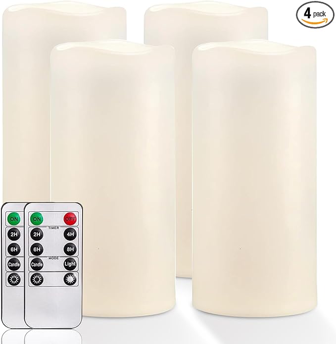 Homemory 4" x 8" Large Waterproof Outdoor Flameless Candles with Remote Control and Timer, Battery Operated Flickering LED Pillar Candles for Indoor Outdoor Lanterns, Porch, Long Lasting, Set of 4