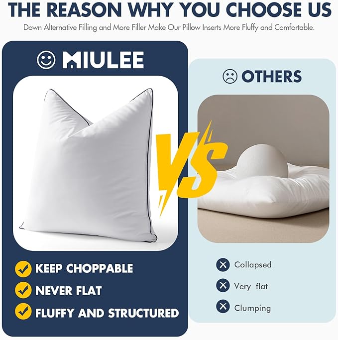 MIULEE 24x24 Euro Pillow Inserts, Fluffy Down Alternative Filling Pack of 2 Ultra Soft Throw Pillows for Bed Sofa Couch