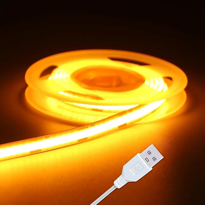 Short LED Strip Lights Yellow 5V USB Not Dimmable Flexible COB LED Rope Lights 320 LEDs/m Super Bright Gold Bendable Small Tape Lights for Exhibition Hall,Living Room TV Lights Decor (3.28FT/1M)